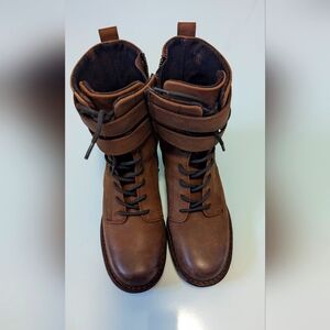 BORN Camryn Genuine Leather Double Buckle Strap Lace-Up Cognac Brown - Size 6